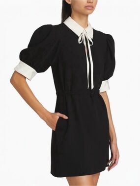 Cinq à Sept Sabelle Black Tie-neck Short Puff Sleeve Tuxedo Sheath Mini Dress